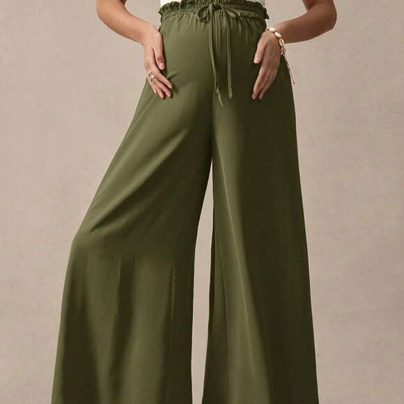 Maternity Army Green Casual Women's Bow detailed Wide Leg Loose Pants - Picture 7 of 7